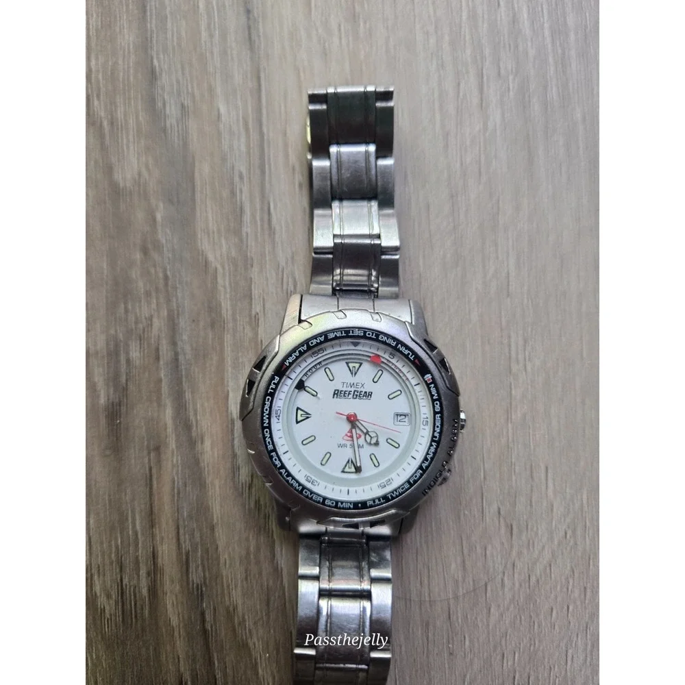 Timex Watch Mens 40mm Reef Gear Alarm Silver Tone Date Diver Style Y2K Field